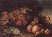 unknow artist Still lifes of Grapes,figs,apples,pears,pomegranates,black currants and fennel,within a landscape setting oil painting on canvas